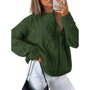 Women's Army Green Imported Pull On Oversized Cable Knit Crew Neck Sweaters